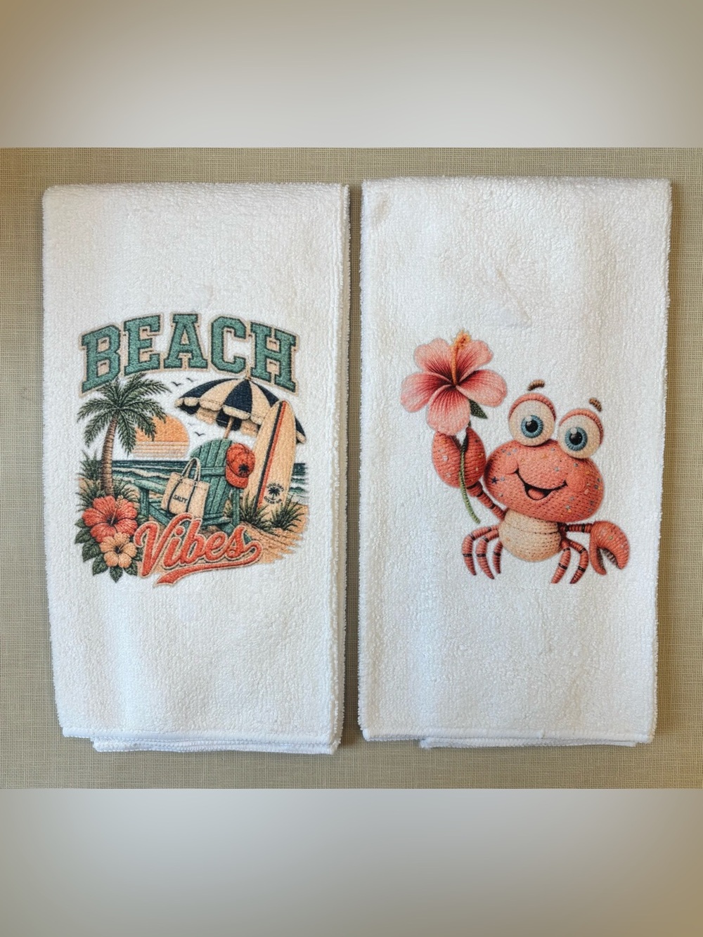 NEW Beach Vibes White Embroidered Hand Towels - Crab & Surf Design